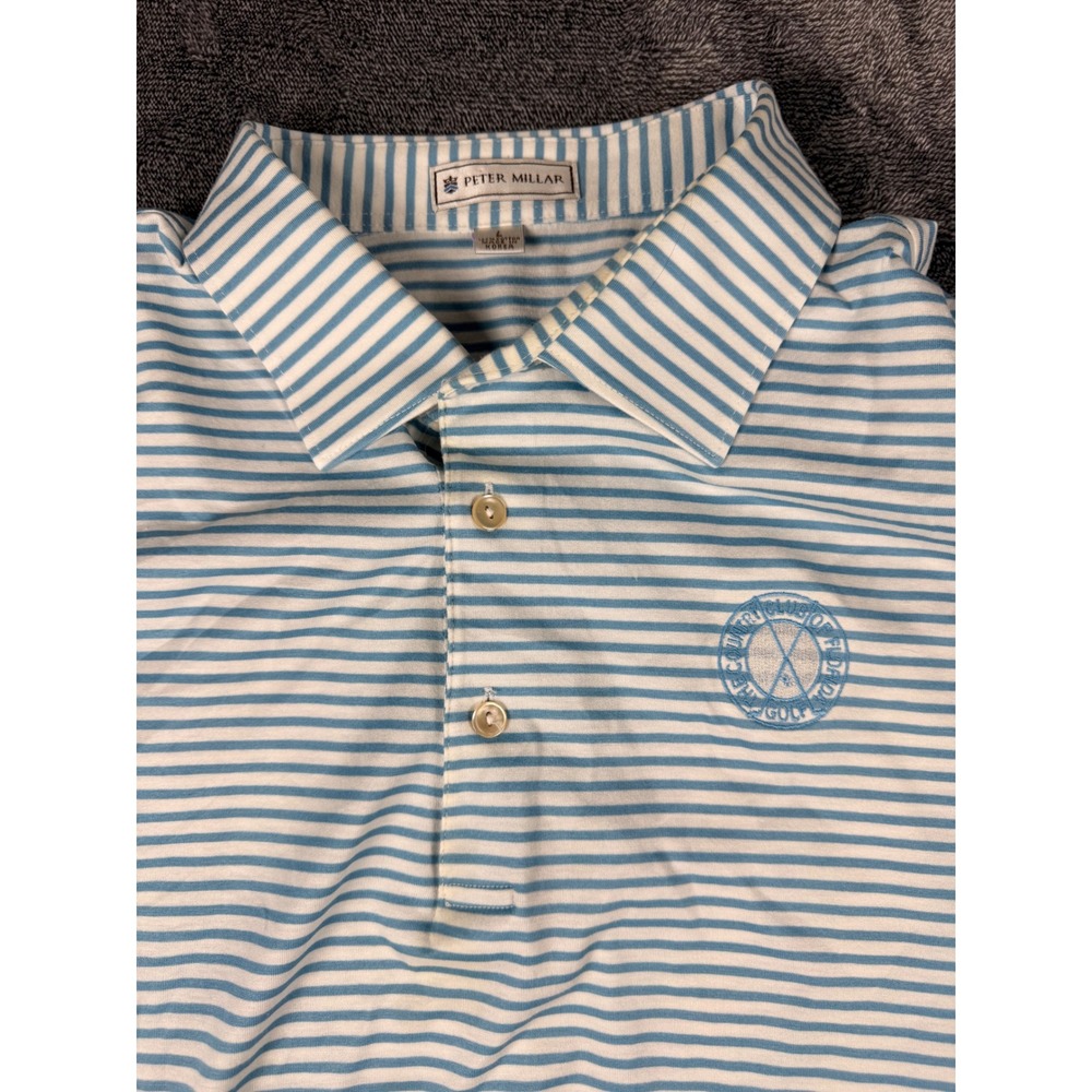 Peter Millar Mens L Polo Shirt Blue White Striped Country Club of Florida Golf